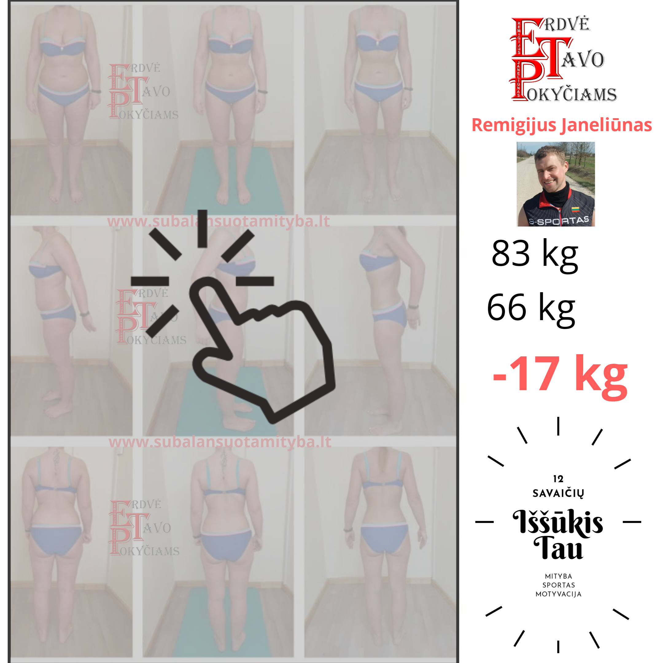 Subalansuota mityba - Klientų pasiekimai dalyvaujant Remigijaus janeliūno dvylikos savaičių iššūkyje. Minus 17 kilogramų. Nuostabus rezultatas. 